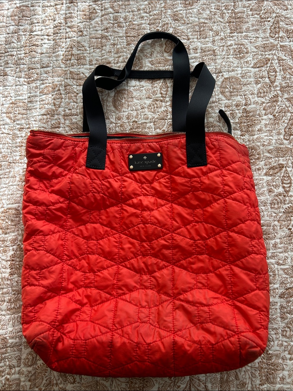 kate spade tangerine Quilted Tote with Black Handles